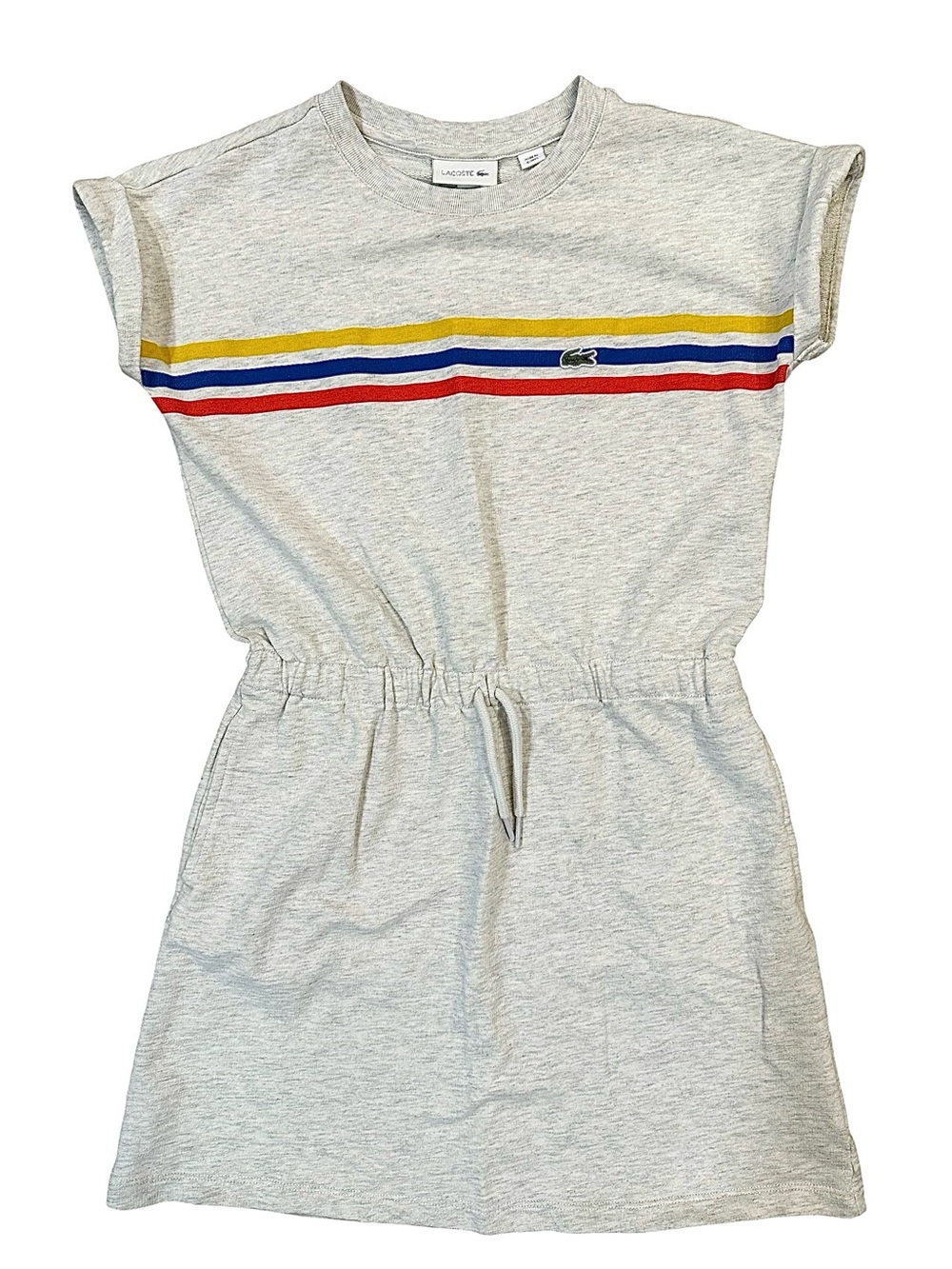 Lacoste Kids Heather Gray Stripe Drawstring Dress - Yellow/Blue/Red - Size 10
